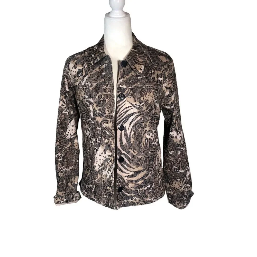 Rebecca Malone Jacket Womens M Brown Animal Paisley‎ Print Jacquard Button Coat